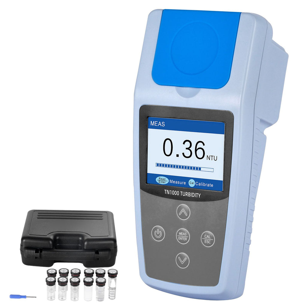 Turbidity Meter, 0–1000 NTU Measuring Range, ISO 7027 Compliant, Portable Red Light Turbidimeter, Quick Reading, with Calibration Solutions, Sample Vials, and Carry Case, for Field and Plant