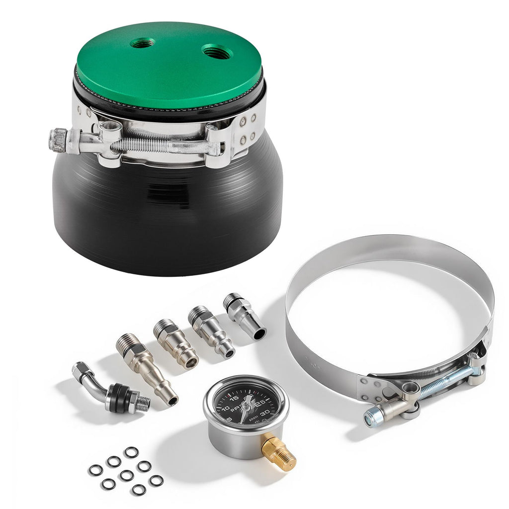 Turbo Boost Leak Tester 4", 3" 6061 Aluminum End Cap, 0-30 PSI Adapter Gauge Range, Check Test Intake Charge Pipe Pressure Leaks with 4 Pairs of Air Fittings for Turbo Cars, SUVs, Diesel Trucks