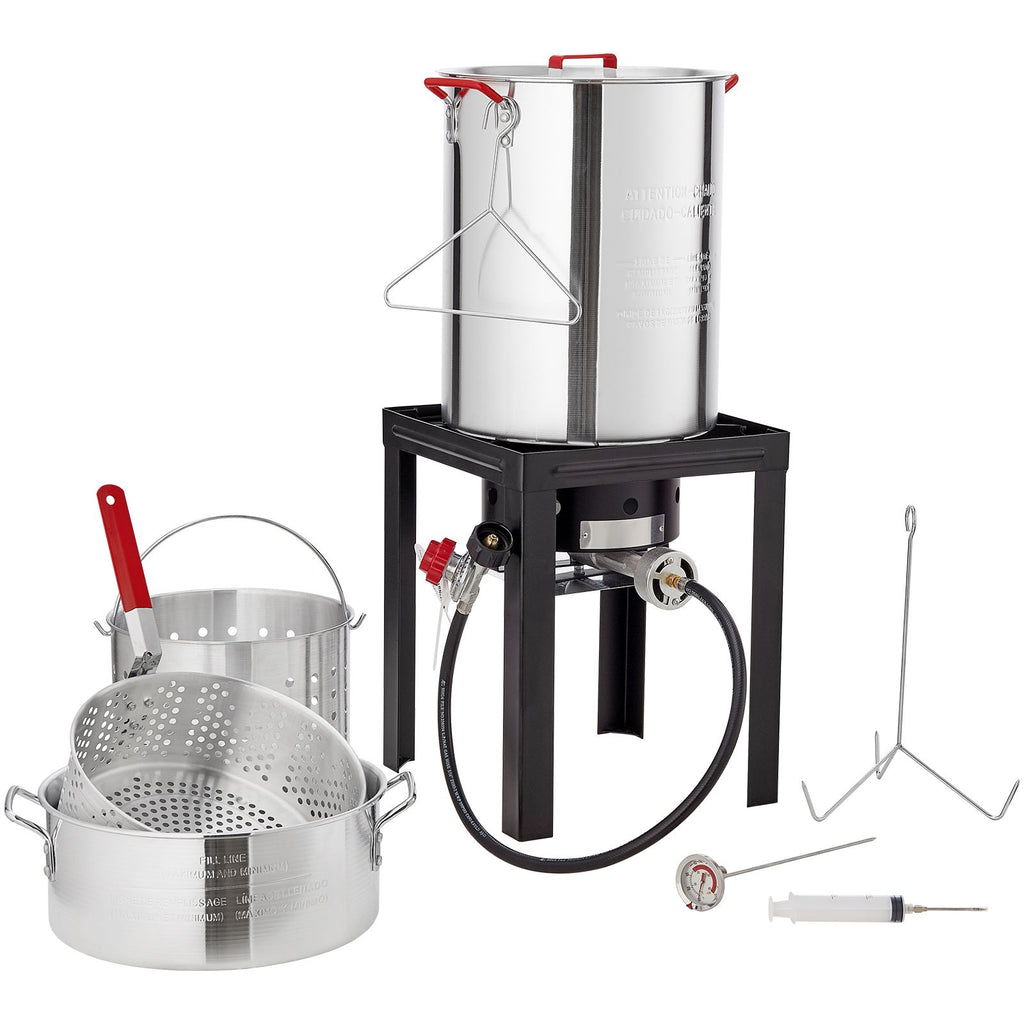 Turkey Deep Fryer, 30-qt Turkey & 10-qt Fish Steamer Cooker Set, Outdoor Aluminum Seafood Frying Pot, 54,000 BTU Burner Propane Gas Boiler, Includes Baskets, Perforated Poultry Rack, Thermometer
