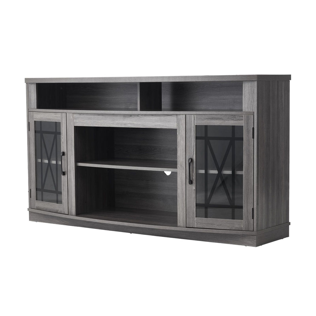 TV Stand for TVs up to 65 inch, Farmhouse Entertainment Center with Light Strip, Wooden TV Cabinet Storage with Glass Doors and Adjustable Shelves, Console Table for Living Room, Bedroom, Gray
