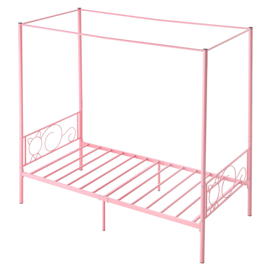 Twin Size Canopy Bed Frame, Metal Canopy Bed with Minimalist Headboard & Four Posters Design, Heavy Duty Steel Slats Support, Underbed Storage Space, No Box Spring Needed, Easy Assembly, Pink