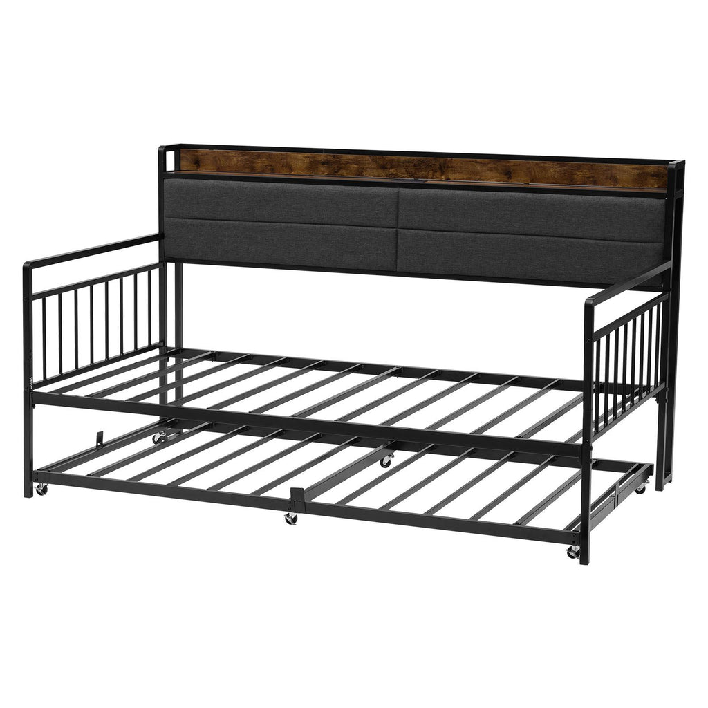 Twin Size Daybed Frame, Day Bed with Trundle, Heavy Duty Metal Platform Bed Frame with Charging Station, Twin Daybed with Metal Slats Support for Living Room, Bedroom, Guest Room, Easy Assembly