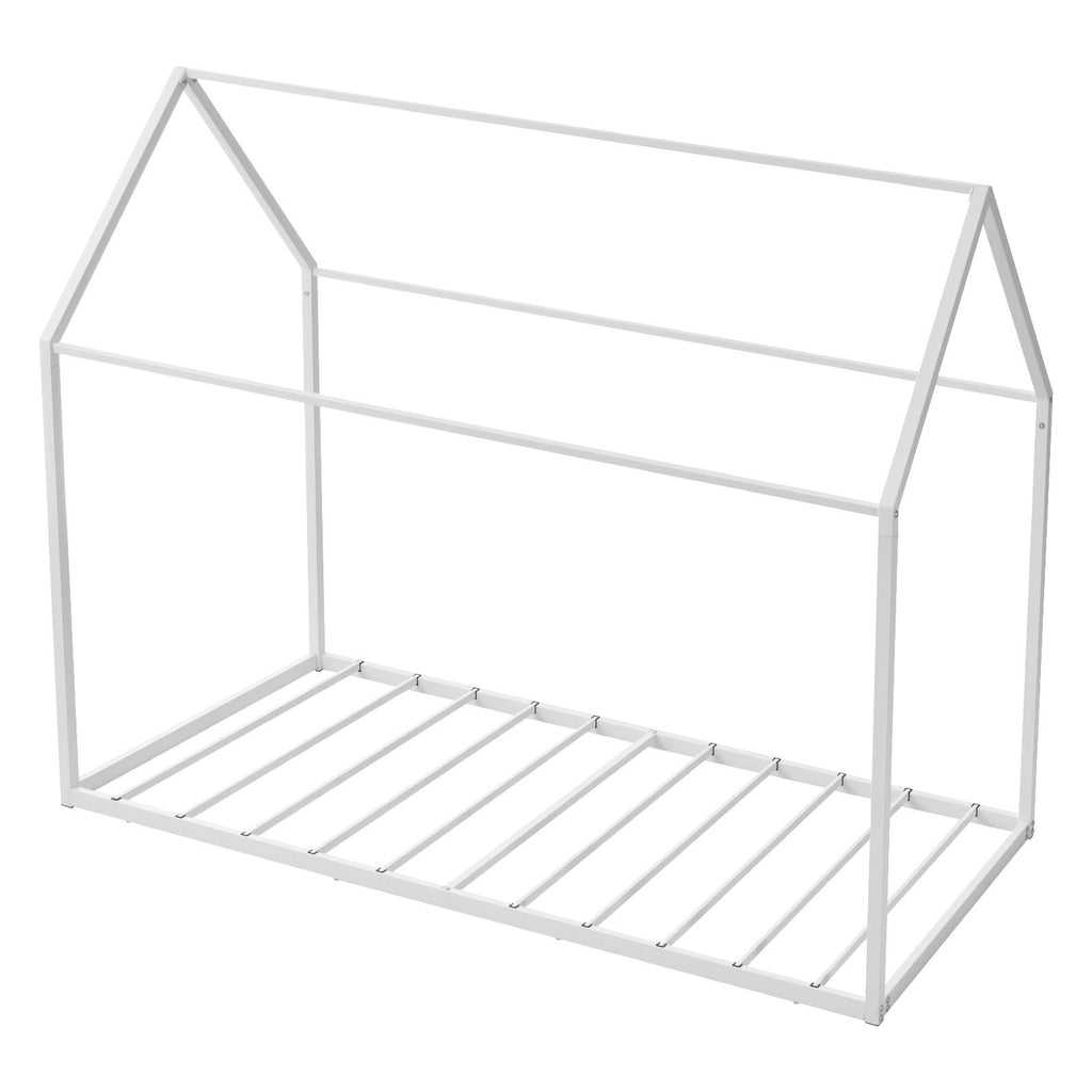 Twin Size House Bed Frame, Metal Kids Floor Bed Frame with Roof, Heavy Duty Steel Slats Support, House Shape Bedframe for Girls and Boys, No Box Spring Needed, Easy Assembly, White