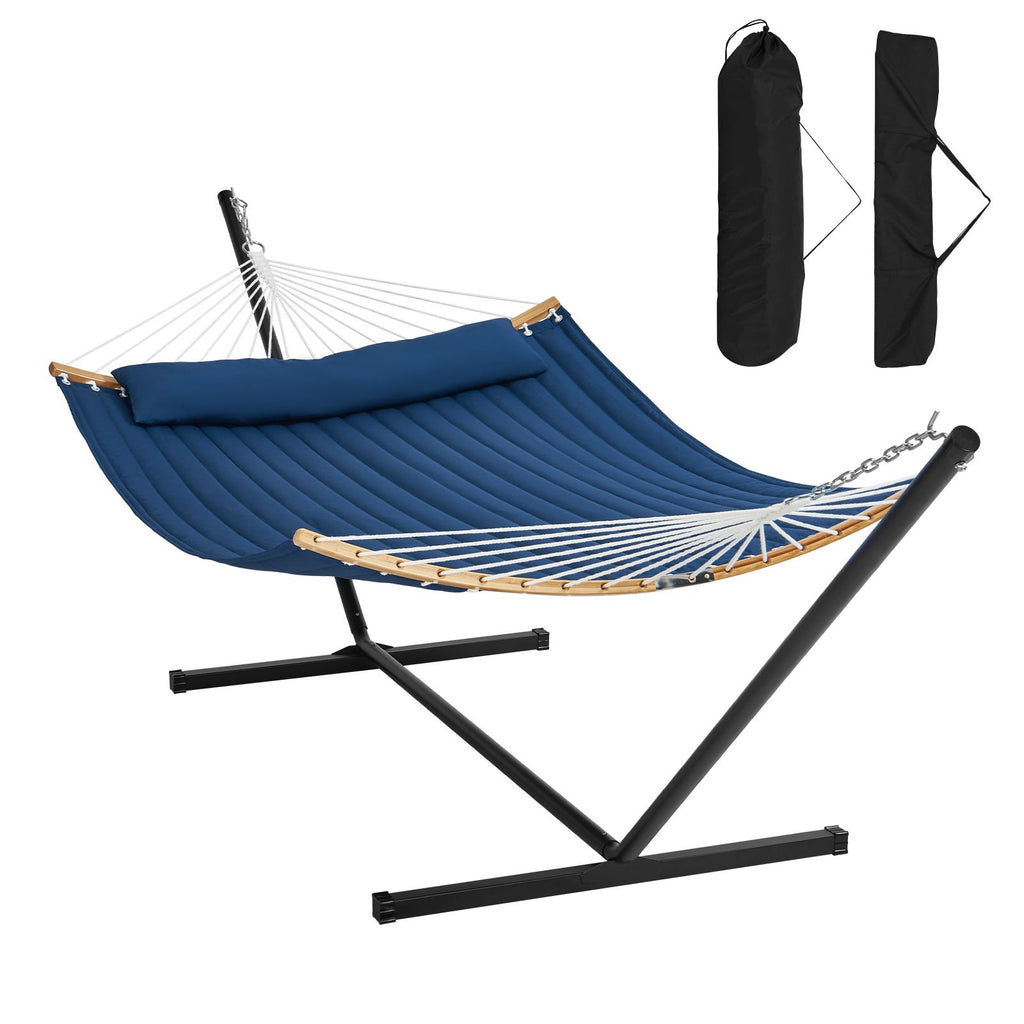 Two Person Hammock with Stand Included, Double Hammock with Curved Spreader Bar and Detachable Pillow and Portable Carrying Bag, Perfect for Outdoor Freestanding Hammock, 480lb Capacity