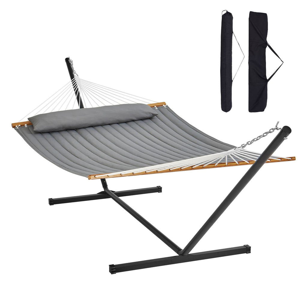 Two Person Hammock with Stand Included Heavy Duty 480lb Capacity, Double Hammock with 12 FT Steel Stand and Portable Carrying Bag and Pillow, Freestanding Hammock for Outdoor Patio Yard Beach