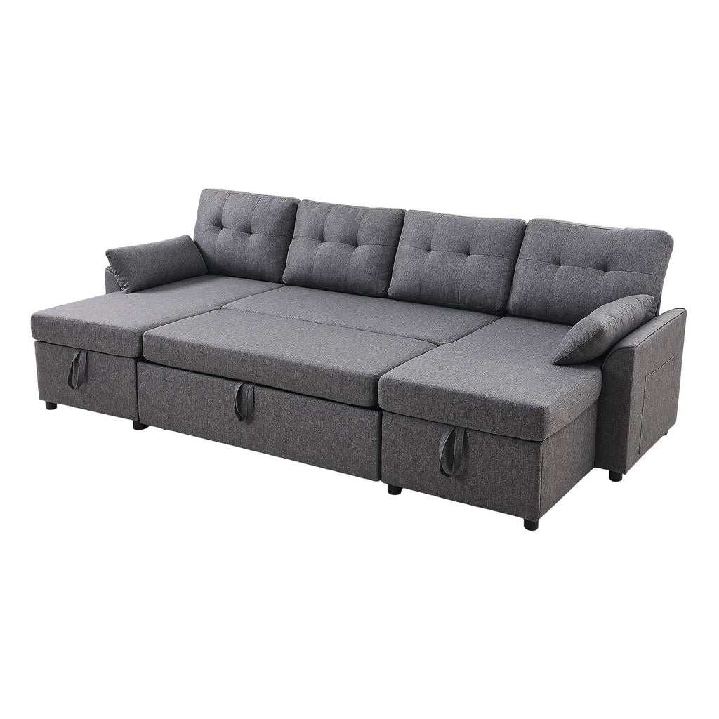 U Shaped Sofa Bed, Convertible Sofa Bed with 2 Side Pockets, 2 Pillows and Double Chaise, 6-Seat Pull Out Sleeper Couch with Large Storage Capacity for Living Room, Apartment, Metal Frame, Gray