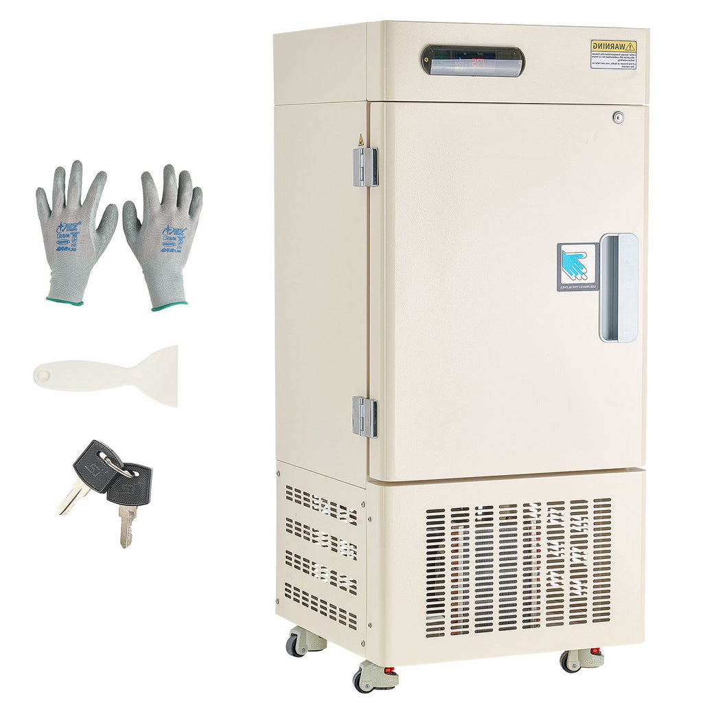 Ultra Low Temperature Freezer, 28 L, −40 Fahrenheit to −123 Fahrenheit Adjustable Temp Range, with Rollers and Digital Display, 304 Stainless Steel Liner, Low Temperature Lab Freezer
