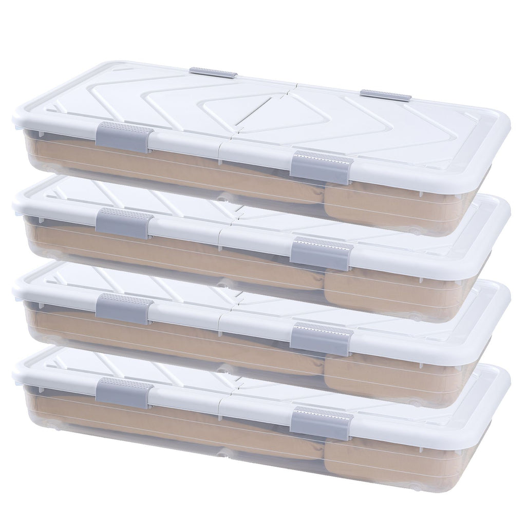 Under Bed Storage with Wheels, 31.7 x 15.6 x 6.9 inch Underbed Containers, Underbed Shoes Organizer with Lid & Gray Latch, Rolling Under the Bed Storage Bins for Clothes Shoes Blankets, 4 Pack