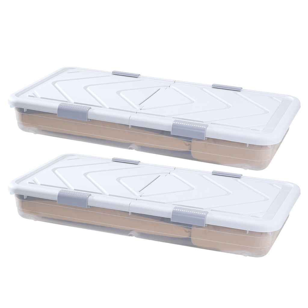 Under Bed Storage with Wheels, 39.8 x 20.1 x 5.9 inch Underbed Containers, Underbed Shoes Organizer with Lid & Gray Latch, Rolling Under the Bed Storage Bins for Clothes Shoes Blankets, 2 Pack