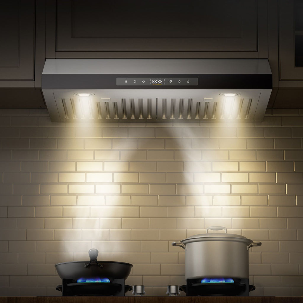 Under Cabinet Range Hood, 30 Inch Kitchen Vent Hood, 900CFM Dual Motors Stainless Steel Stove Hood, with Gesture & Touch Control, LED Light, and 4-Speed Exhaust Fan