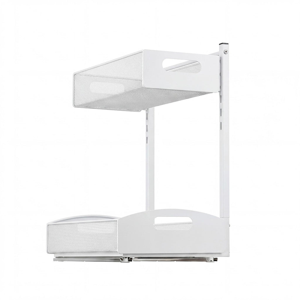 Under Sink Organizer, 2 Pack 2-Tier Pull Out Cabinet Organizer with 4-Level Height Adjustment, Metal Slide Out Shelf, Multi-Purpose Cabinet Organizers and Storage for Bathroom & Kitchen, White
