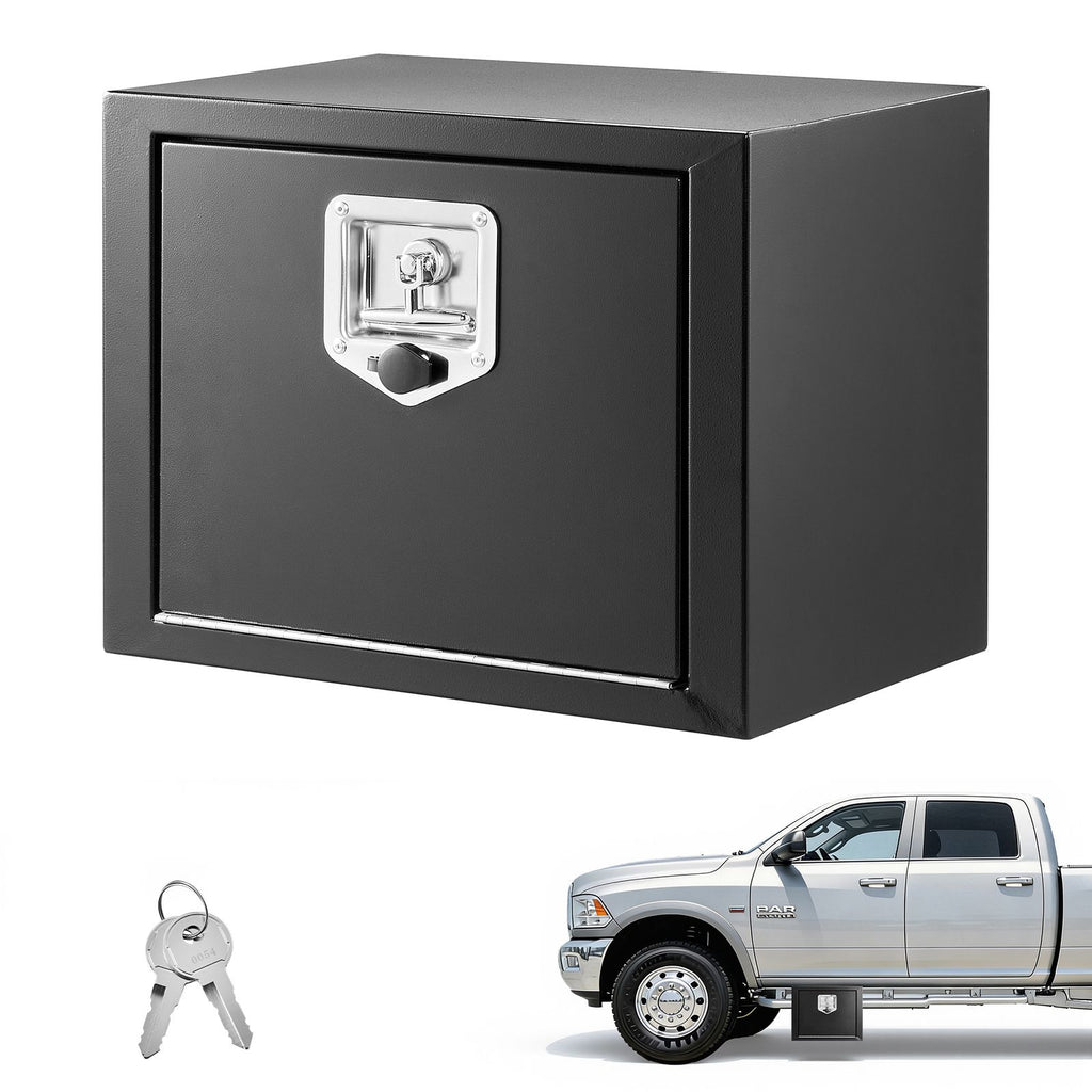 Underbody Truck Tool Box, 18 x 12 x 14 Inch Heavy Duty Steel Trailer Storage Box with Lock & Keys, Waterproof Trailer Storage Organizer Under Body Chest with T-Handle for Truck, Van, SUV, Black