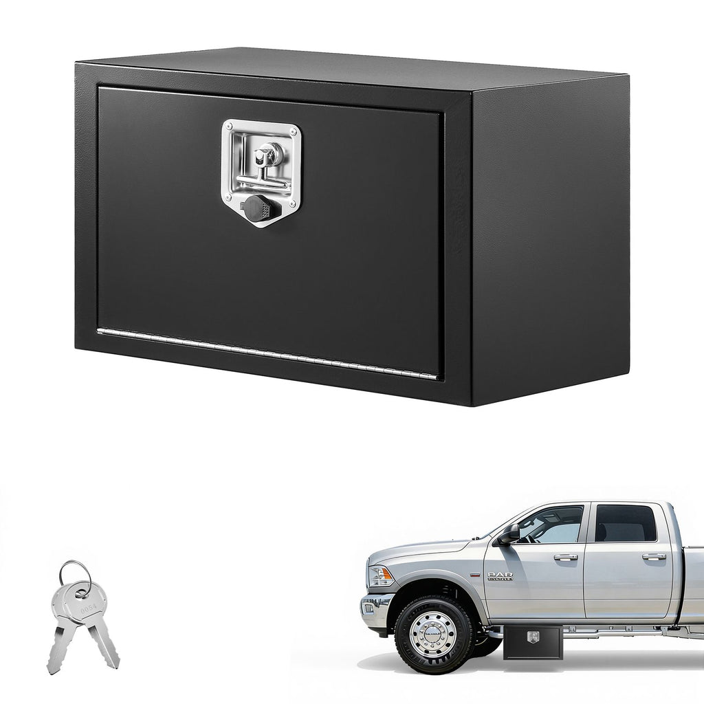 Underbody Truck Tool Box, 24 x 12 x 14 Inch Heavy Duty Steel Trailer Storage Box with Lock & Keys, Waterproof Trailer Storage Organizer Under Body Chest with T-Handle for Truck, Van, SUV, Black