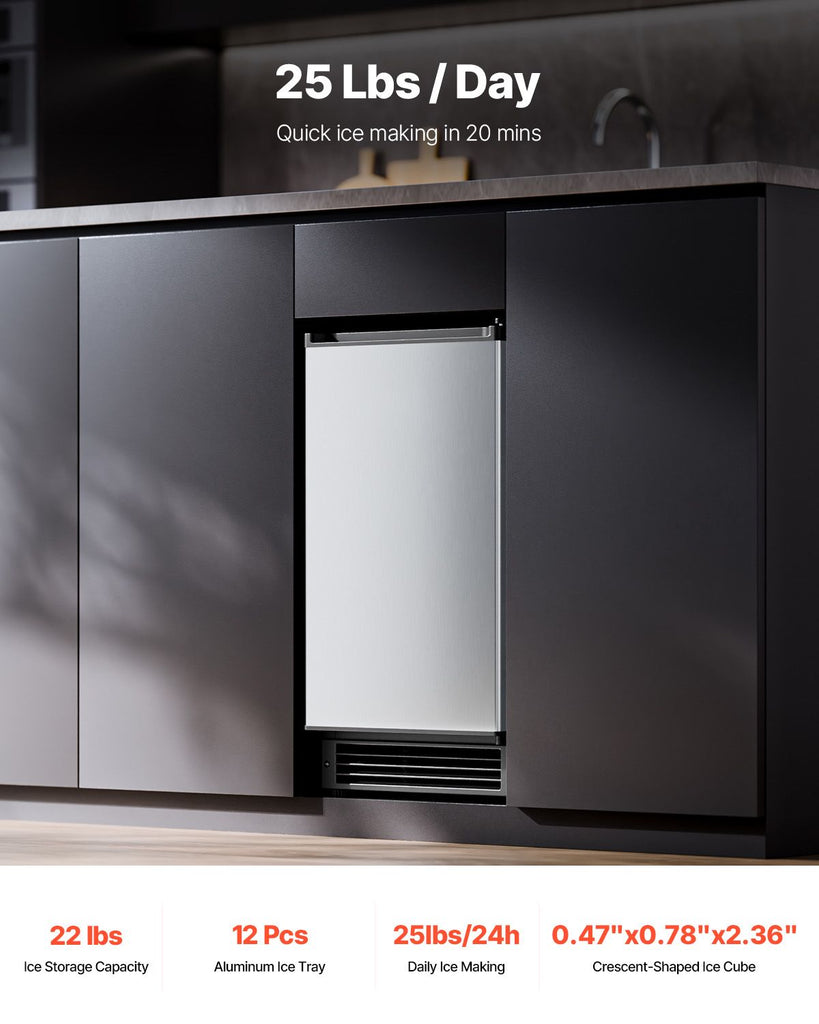 Undercounter Built-in Ice Maker, 25 Lbs/Day Under Counter Ice Maker Machine with Reversible Door Stainless Steel, Freestanding Ice Maker for Commercial Home Kitchen, No Drain Required image 2