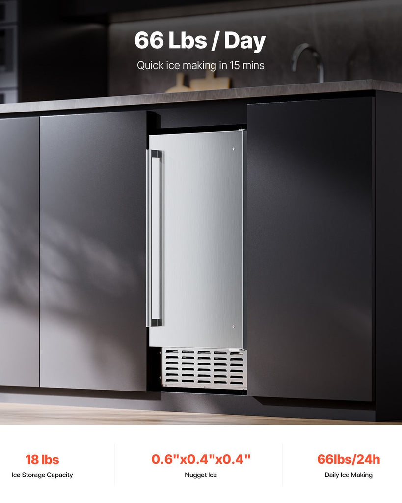 Undercounter Built-in Ice Maker, 66 Lbs/Day Under Counter Nugget Ice Maker Machine with Reversible Door Stainless Steel, Freestanding Ice Maker for Commercial Home Kitchen, Electric Drainage image 2