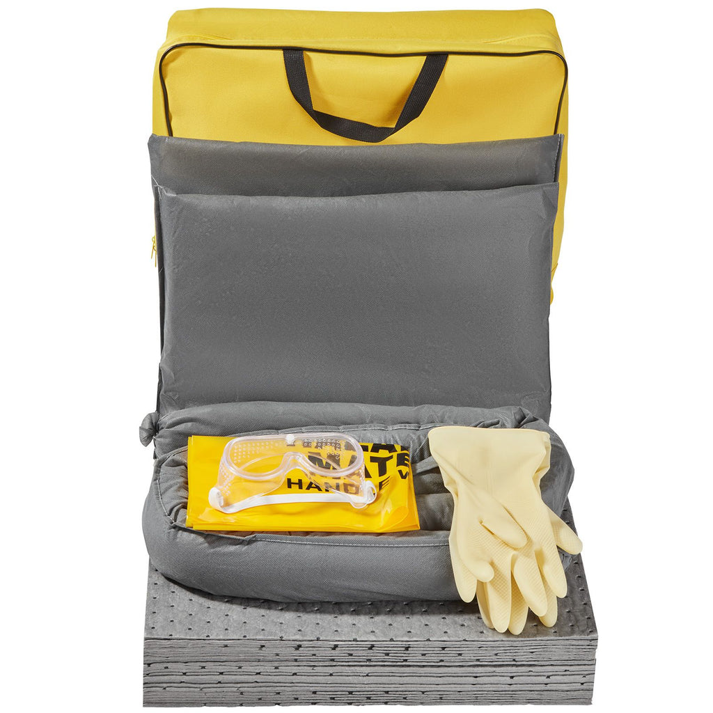 Universal Spill Kit, Spill Control Supplies 43 pcs, Includes 30 Universal Sorbent Pads, 2 Universal Sorbent Socks 3"x4', 2 Disposal Pillows, Rubber Gloves, and Bag