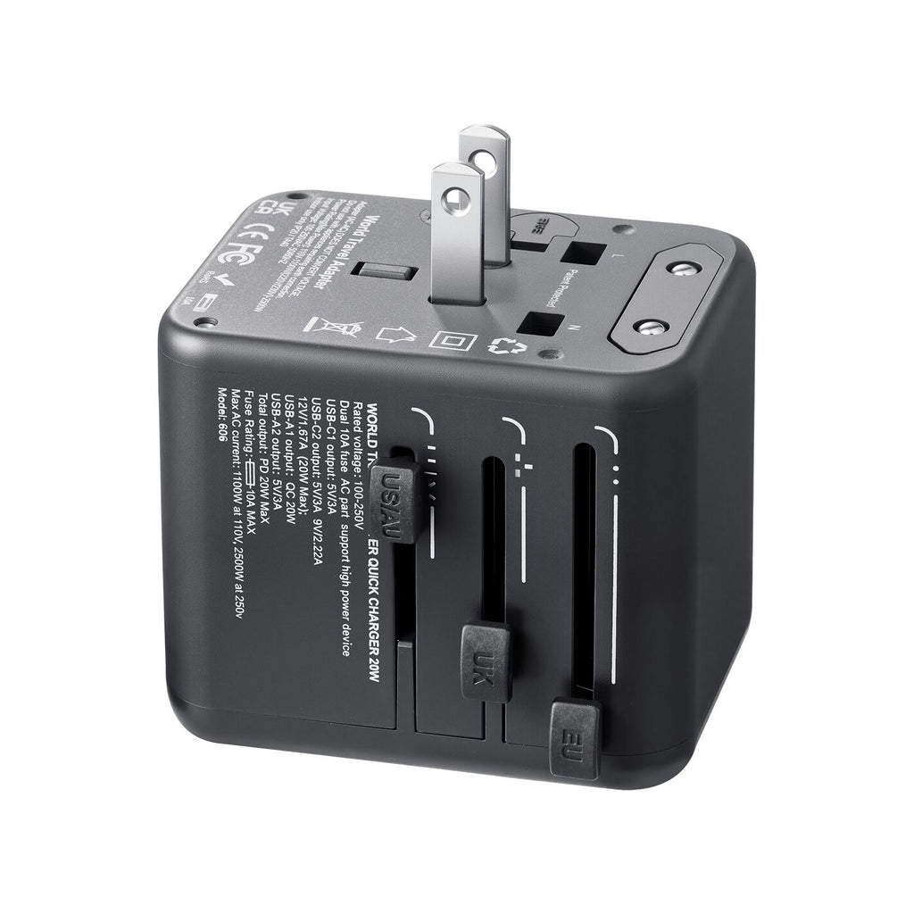 Universal Travel Adapter, 5-in-1, International European Power Adapter with 2 USB-C, 2 USB-A Ports, 1 AC Outlet, 4 Different Plugs, Worldwide Plug Adaptor Wall Charger, for Europe UK EU AUS USA