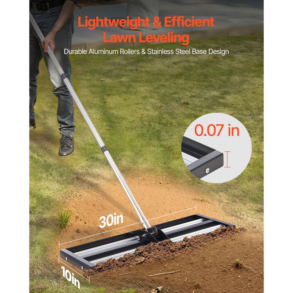 Updated Lawn Leveling Rake with Roller, 30" x 10" Stainless Steel Lawn Leveler with 83.9" Adjustable Handle, Heavy Duty Yard Leveling Rake, Effort Saving Lawn Leveling Tool for Yard Golf Court