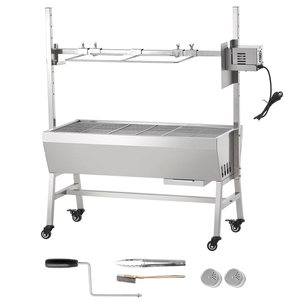 Upgrade Rotisserie Grill, 35 Inch 90 Lbs Capacity, BBQ Whole Pig Lamb Goat Charcoal Spit Grill, Electric 42W Motor Stainless Steel Rotisserie Roaster with Lockable Wheels, for Camping Outdoor