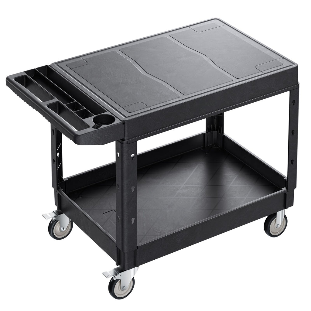 Utility Cart, 550 lbs Load Capacity, 37 x 25.4-inch Service Cart, Two-Shelf Heavy Duty Plastic Utility Cart with 360° Swivel Wheels (2 with Brakes), Suitable for Warehouse, Garage, Cleaning