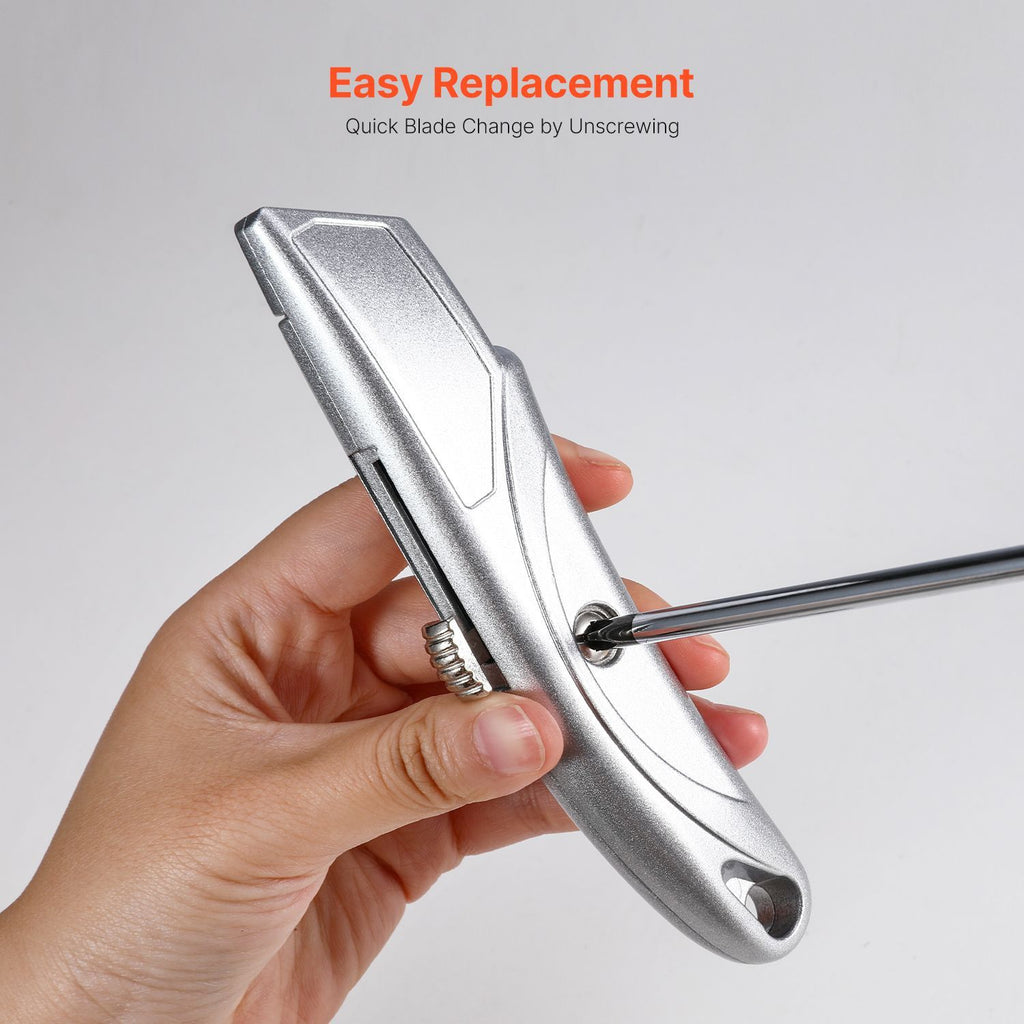 Utility Knife, 2-Pack Retractable Box Cutter, with Aluminum Alloy Case, SK5 Blades and Handle, 3-Position Blade, 5 Blades, Heavy Duty Box Cutter for Leather, Card Board, Rubber Cables, Silver