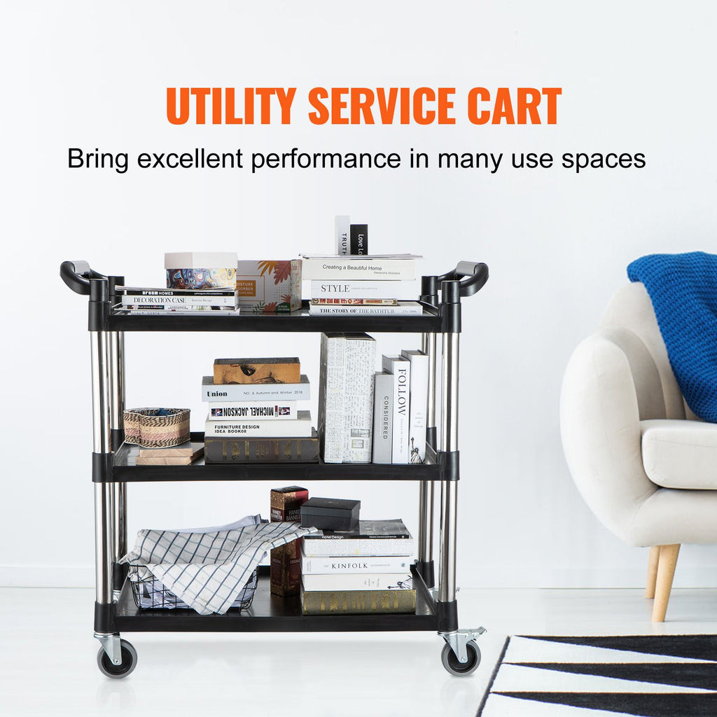 Utility Service Cart, 3 Shelf Heavy Duty 220LBS Food Service Cart, Rolling Utility Cart with Lockable Wheels, 40" x 19.3" x 38.6" Plastic Utility Cart for Kitchen Office Restaurant Home, Black image 2