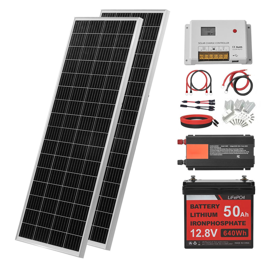 V200W 12V Complete Solar Power Kit, 2PCS 100W Monocrystalline Solar Panels + 12.8V 50Ah LiFePO4 Battery + 40A Charge Controller + 800W Power Inverter, Ideal for RV Home Camping Boat Off-Grid