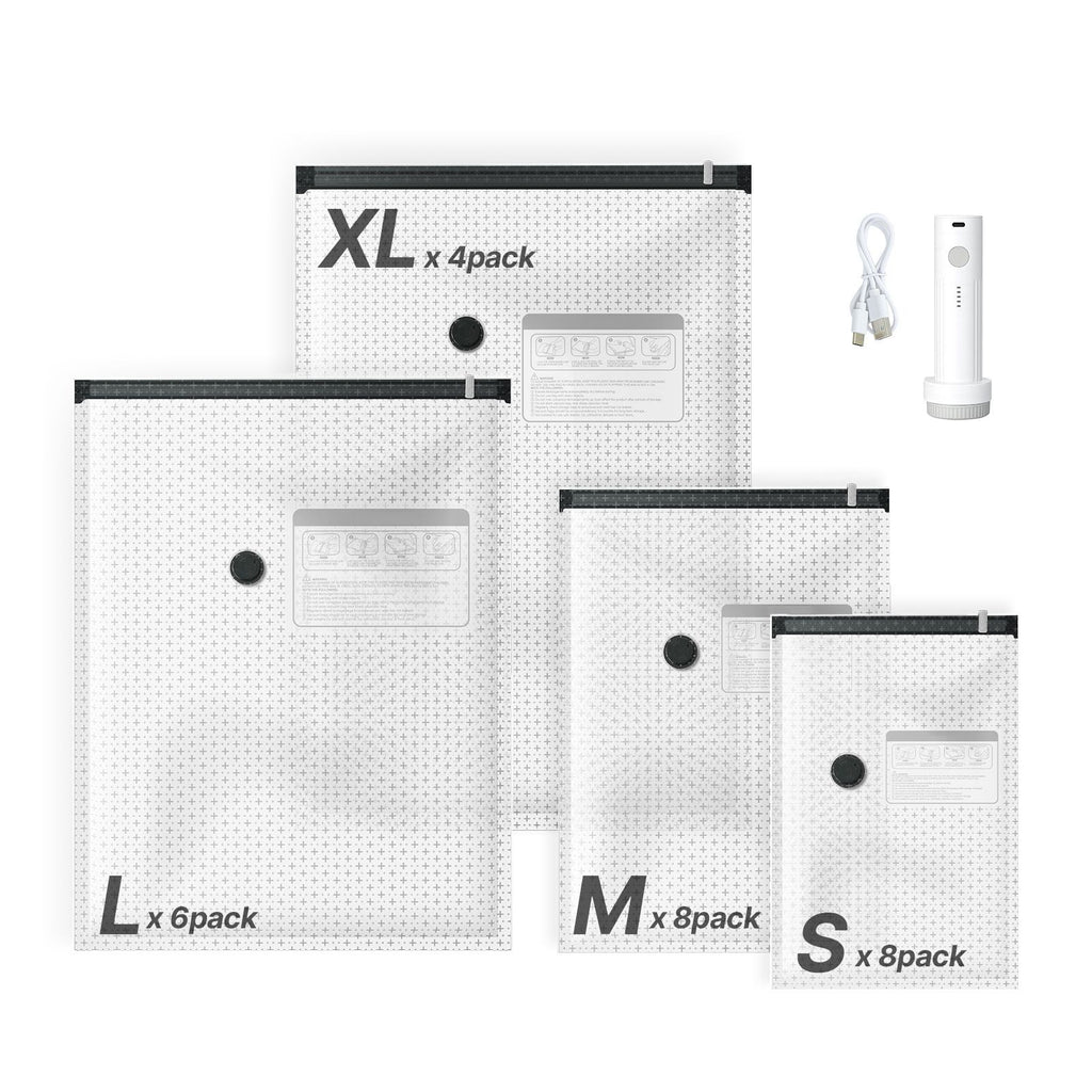 Vacuum Storage Bags, 26 Pack Space Saver Vacuum Seal Bags for Clothing, with Pump and Charging Cable, Double Zipper Seal, Thickened PA and PE, Compression for Clothes Storage, Travel Luggage