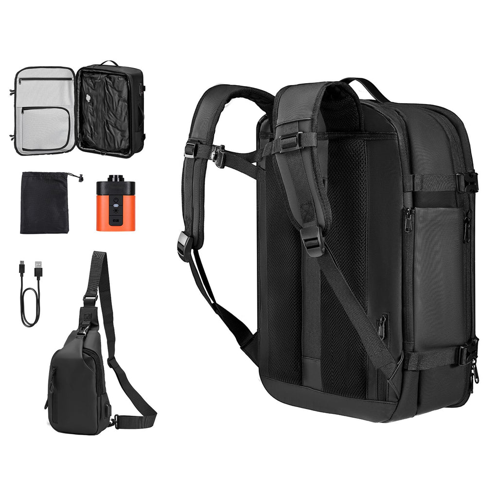 Vacuum Travel Backpack, 65L, Expandable Vacuum Seal Compression Travel Backpack with Pump, with TSA-Approved Lock, Airback Vacpack, Water-Resistant Carry-On Suitcase Luggage, for Business, Black
