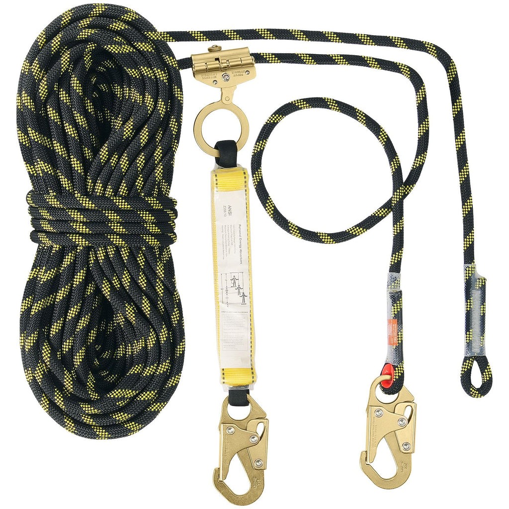 Vertical Lifeline, 150ft (45.7m) Outdoor Climbing Rope 30KN Breaking Tension, Static Rock Climbing Rope with Steel Snap Hooks and Rope Grap, for Escape, Outdoor Adventures, Black & Yellow