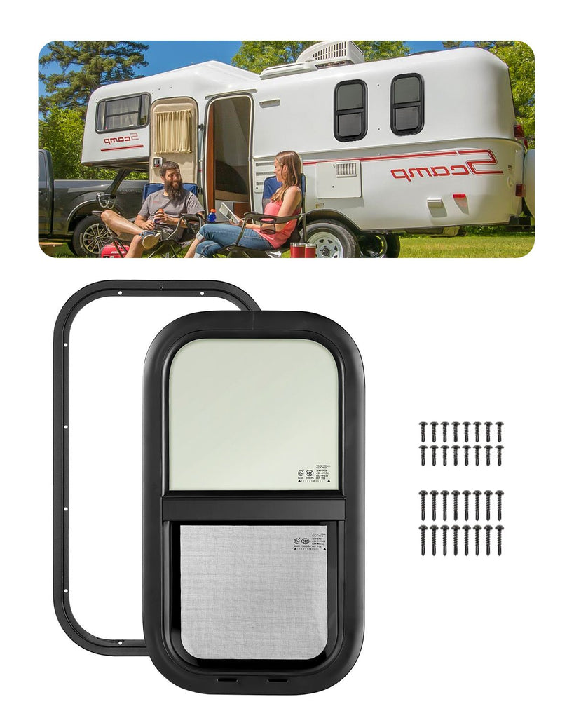 Vertical RV Window, 12" W x 22" H Tinted Sliding RV Window with Net Screen & Trim Ring, Fit 15/16" - 1 3/4" Thickness Wall, RV Window Replacement for Teardrop Cargo Trailer Camper, DOT Approved