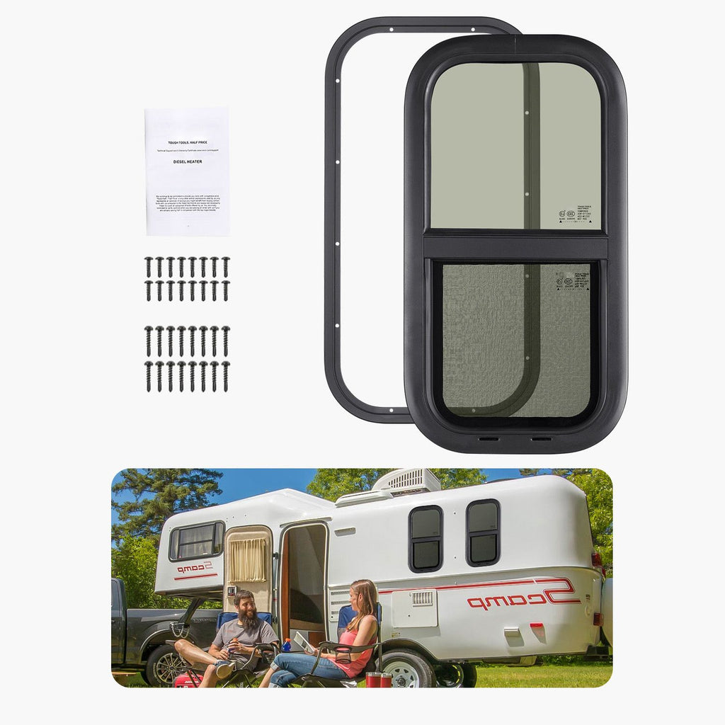 Vertical RV Window, 12" W x 24" H Tinted Sliding RV Window with Net Screen & Trim Ring, Fit 15/16" - 1 3/4" Thickness Wall, RV Window Replacement for Teardrop Cargo Trailer Camper, DOT Approved