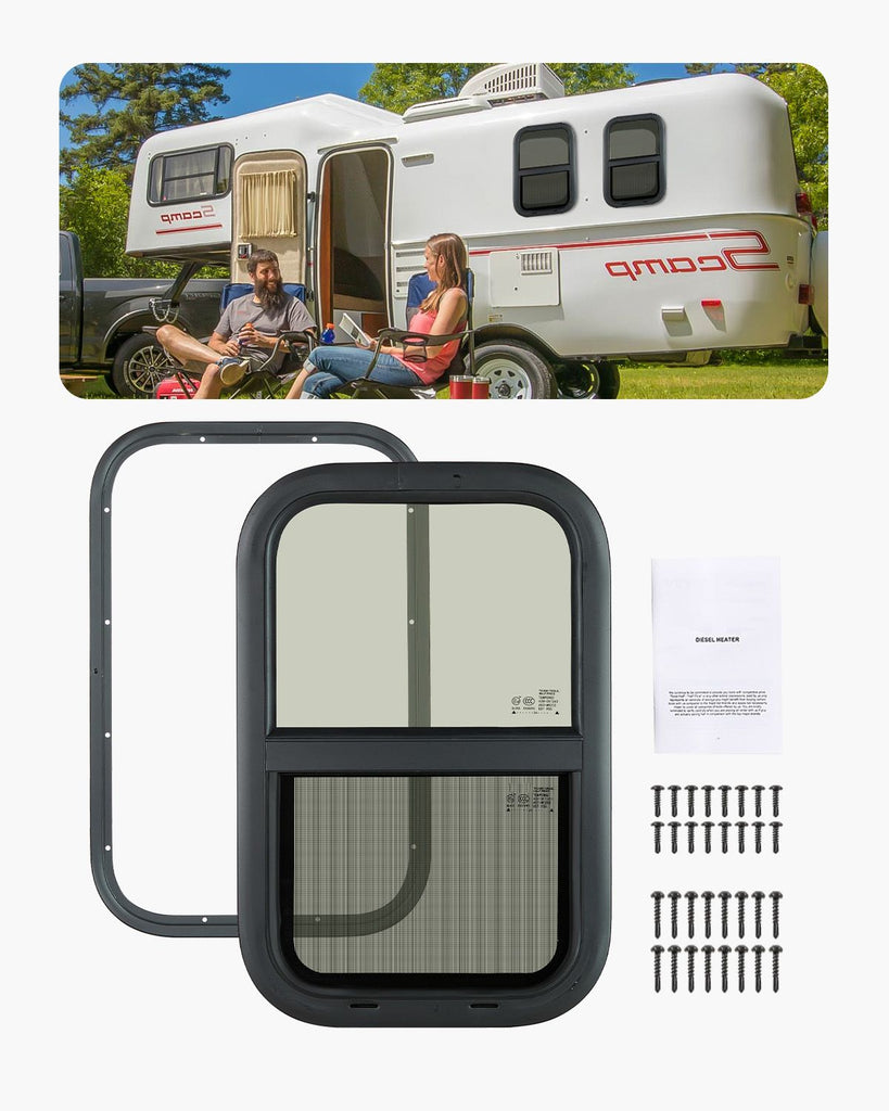 Vertical RV Window, 14" W x 22" H Tinted Sliding RV Window with Net Screen & Trim Ring, Fit 15/16" - 1 3/4" Thickness Wall, RV Window Replacement for Teardrop Cargo Trailer Camper, DOT Approved