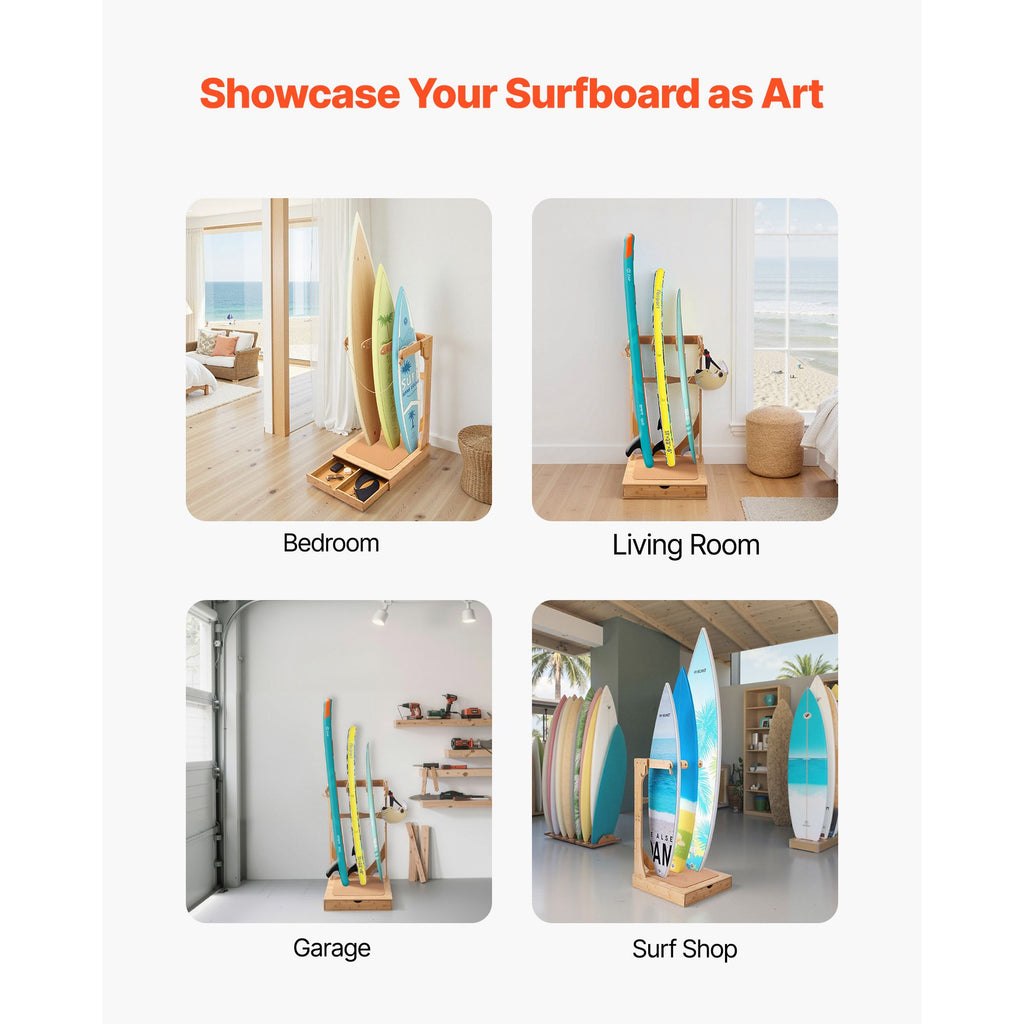 Vertical Surfboard Stand, 3 Tiers Wooden Surfboard Rack for Storage and Display, Freestanding Board Stand Organizer with Hanging Hooks & Cork Padding, for Wakeboards, Snowboards, Kiteboards image 2