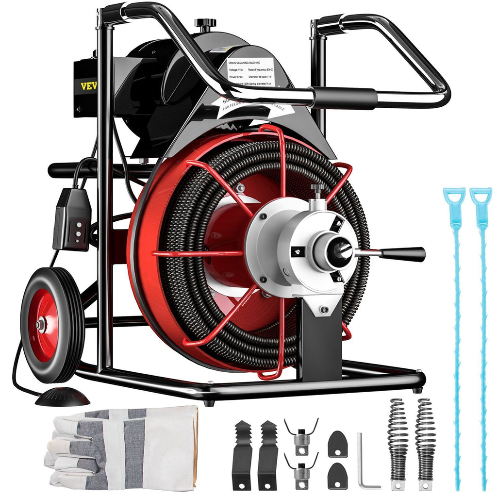 100FT x 3/8Inch Drain Cleaner Machine Auto Feed fit 1"(25mm) to 4"(100mm) Pipes 370W Open Drain Cleaning Machine Portable Electric Drain Auger with Cutters Glove Sewer Snake