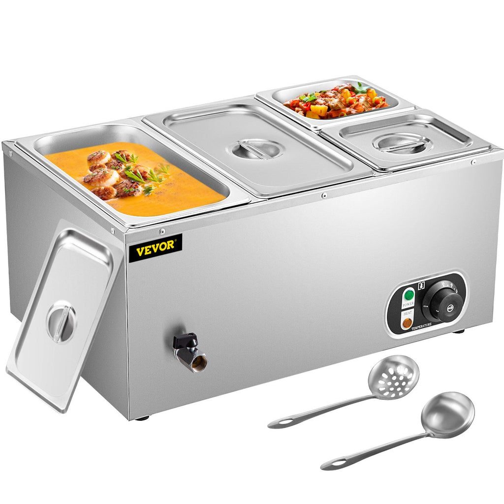 110V Commercial Food Warmer 2x1/3GN and 2x1/6GN, 4-Pan Stainless Steel Bain Marie 14.8 Qt Capacity, 1500W Steam Table 15cm/6inch Deep,Temp. Control 86-185, Electric Soup Warmer w/Lids & 2 Ladles