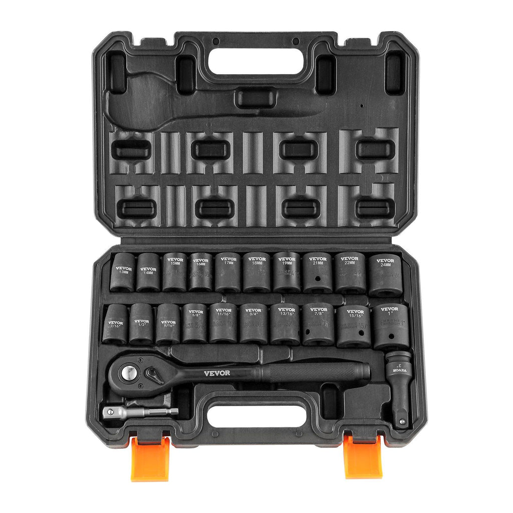 1/2" Drive Impact Socket Set, 23 Piece Socket Set SAE (7/16" -1")& Metric (13-24mm)6 Point Cr-V Alloy Steel for Auto Repair with Ratchet Handle Rugged Construction Storage Case