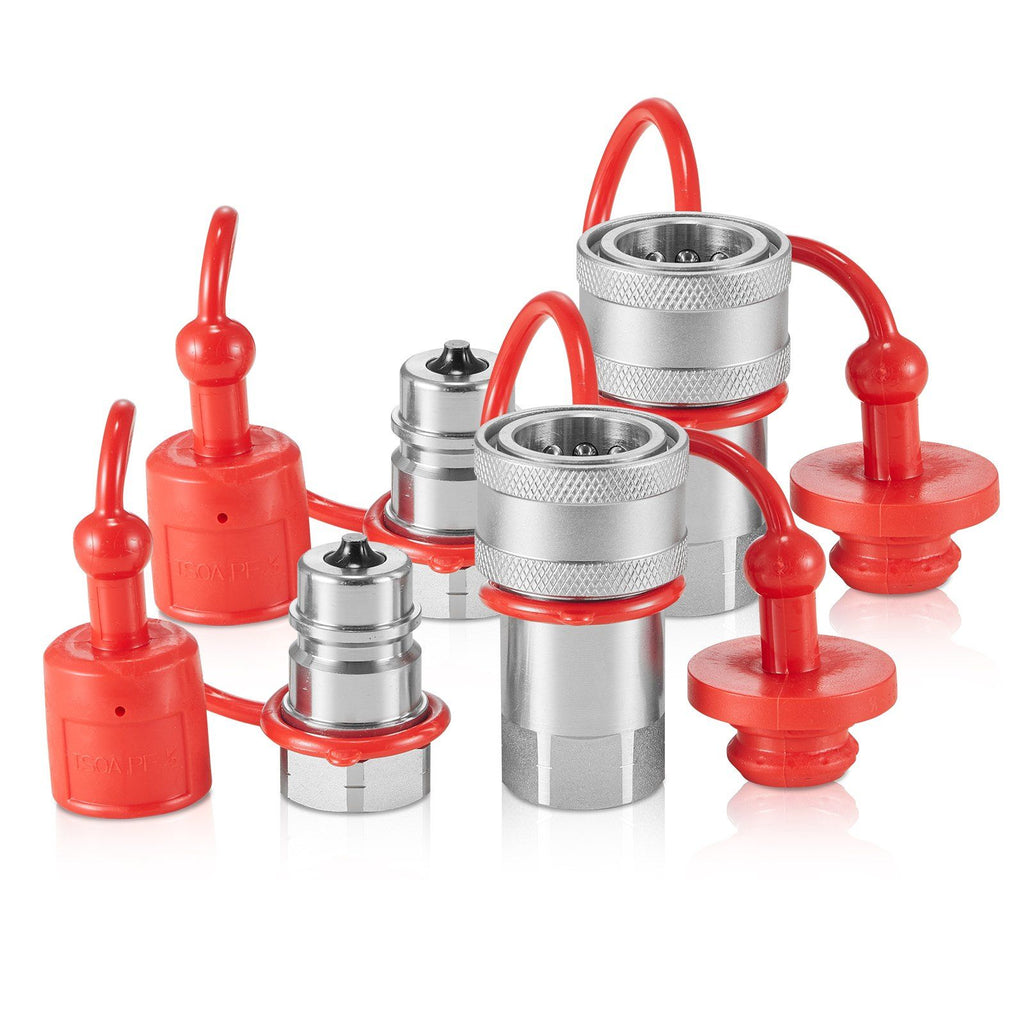 1/2" Tapered Hydraulic Couplers, 1/2" NPT Skid Steer Hydraulic Quick Connect Couplers with 4 Dust Caps (ISO5675)