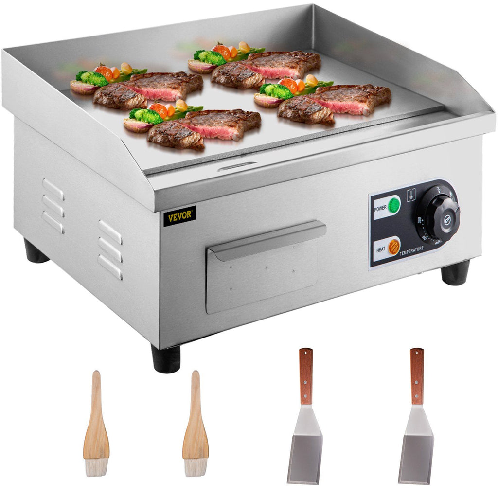 14" Electric Countertop Flat Top Griddle 110V 1500W Non-Stick Commercial Electric Griddles Restaurant Teppanyaki Grill Stainless Steel Adjustable Temperature Control 122°F-572°F, Sliver