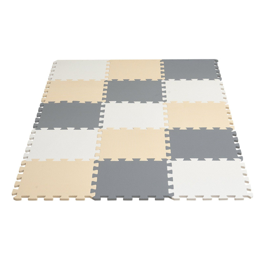 16 Tiles Kids Play Mat, 0.4 Inch Toddler Play Mat with EVA Foam, 12" x 12" Puzzle Play Mat with 16 sq.ft Coverage, Interlocking Toddler Mats for Play Room, Nursery, Living Room, Camel&Gray&Beige