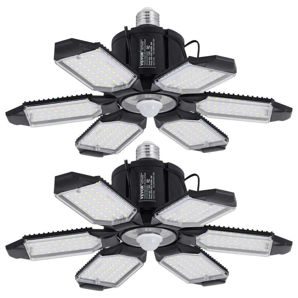 2 Packs LED Garage Light, 15000LM, 6500K Motion Sensor Garage Ceiling Light with 6 Deformable Penals, E26/E27 Screw-in Garage Lighting Super Bright Shop Lights Fixture for Basement Warehouse