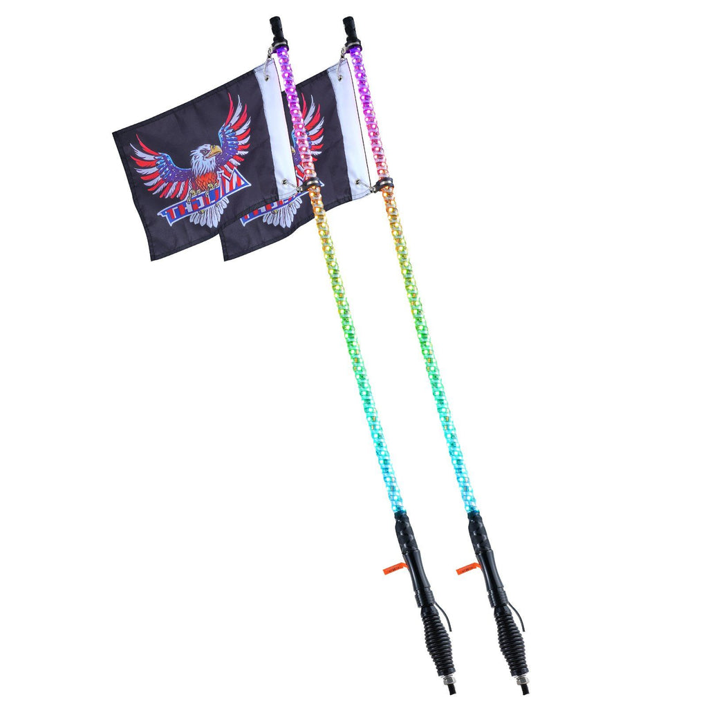 2 PCS 3 FT Whip Light with Spring Base, Led Whip Light with APP & Remote Control, Waterproof 360° Spiral RGB Chasing Lighted Whips with 2 Flags, for UTVs, ATVs, Motorcycles, RZR, Can-am, Go-kart