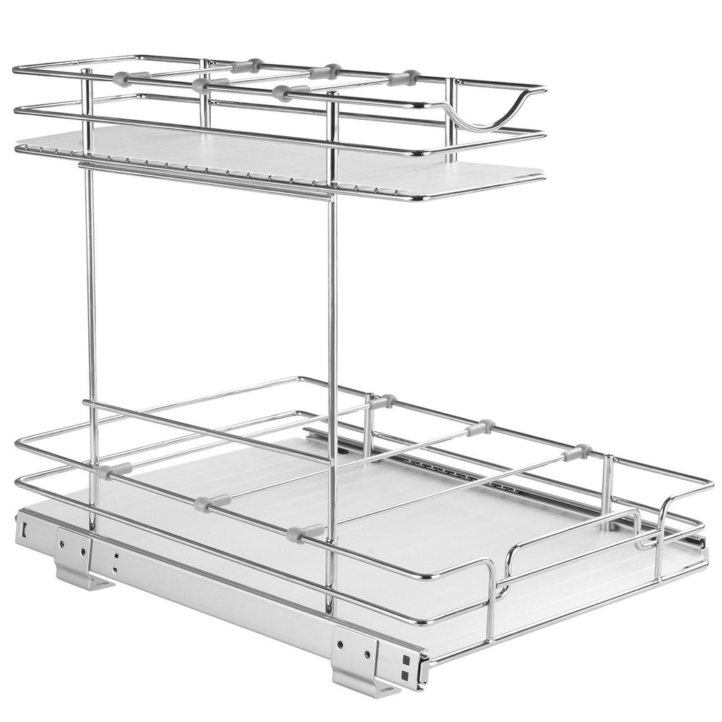 2 Tier 12"W x 17"D Pull Out Cabinet Organizer, Heavy Duty Slide Out Pantry Shelves, Chrome-Plated Steel Roll Out Drawers, Sliding Drawer Storage for Inside Kitchen Cabinet, Bathroom, Under Sink