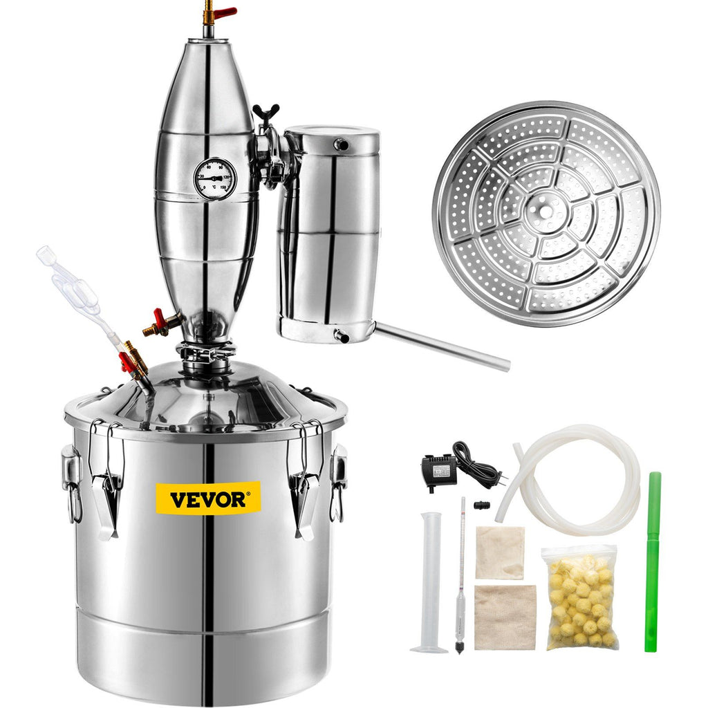 20L 5.3Gal Water Alcohol Distiller 304 Stainless Steel Alcohol Still Wine Making Boiler Home Kit with Thermometer for Whiskey Brandy Essential, Sliver