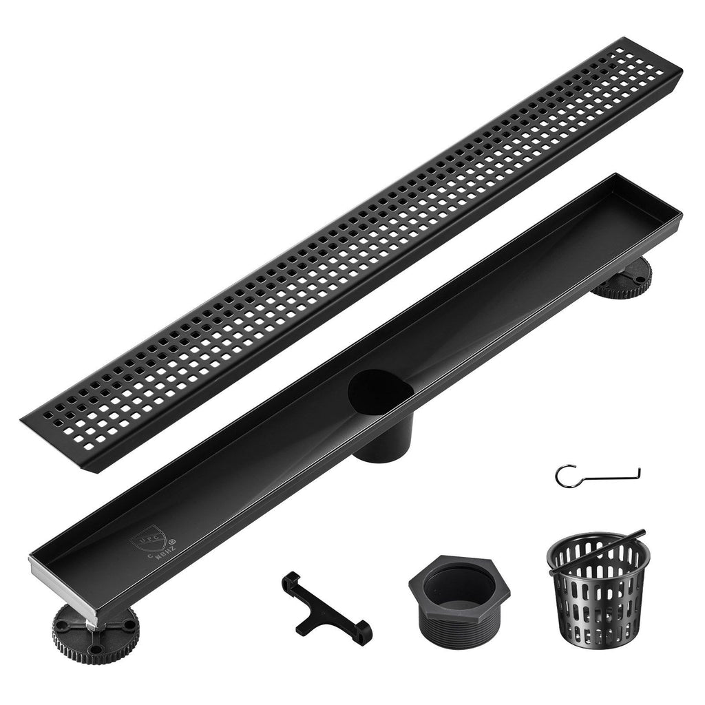 24-Inch Linear Shower Drain with Square Pattern Grate,Brushed 304 Stainless Steel Rectangle Shower Floor Drain, Sleek Linear Drain with Hair Strainer, Matte Black