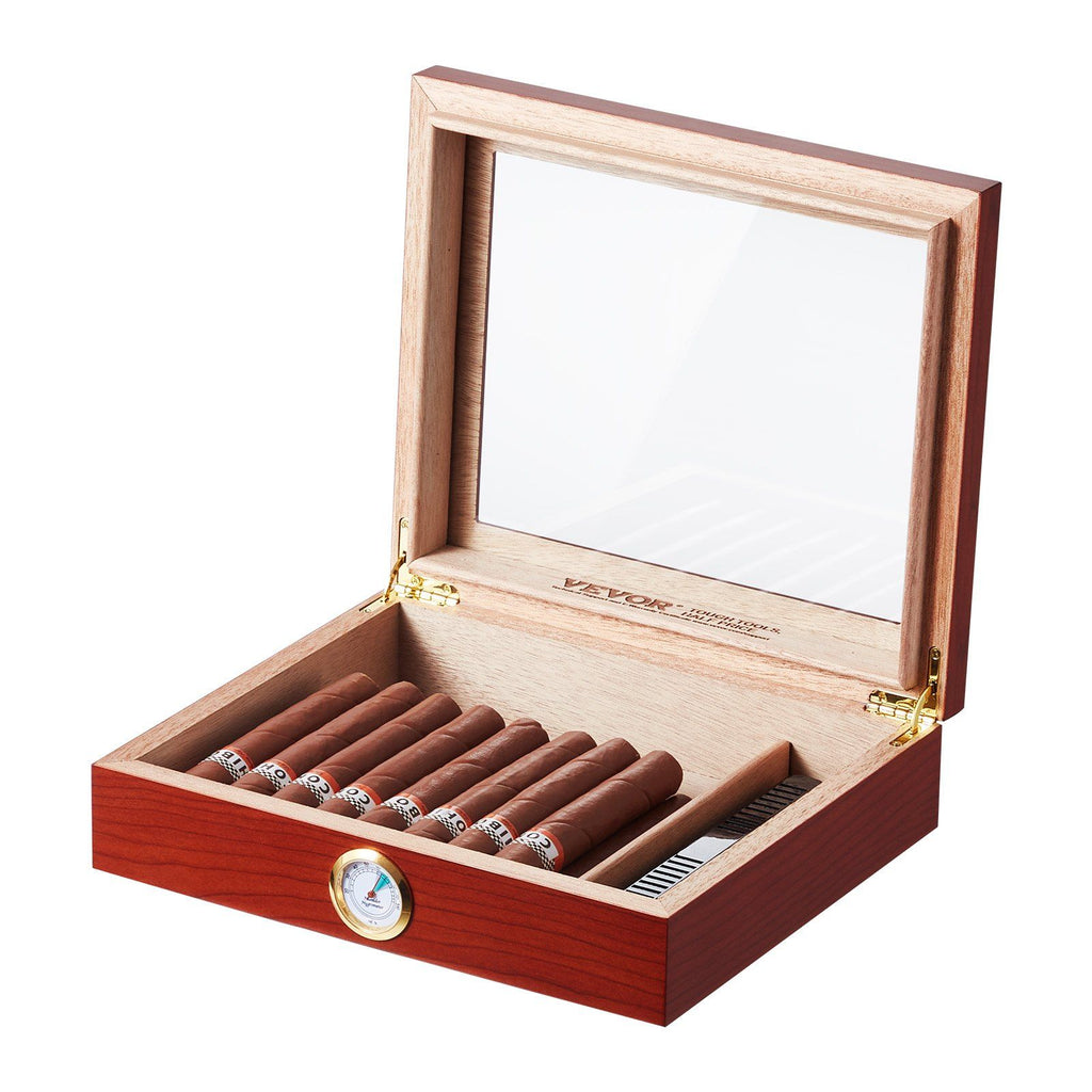 25 Cigars Humidor Glasstop Cedar Cigar Storage Box Humidifier Hygrometer