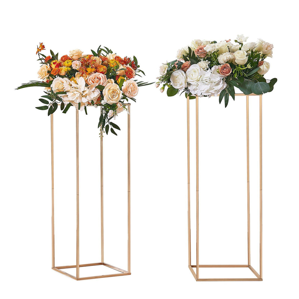 2PCS 31.5inch High Wedding Flower Stand, With Acrylic Laminate,Metal Vase Column Geometric Centerpiece Stands, Gold Rectangular Floral Display Rack for Events Reception, Party Decoration