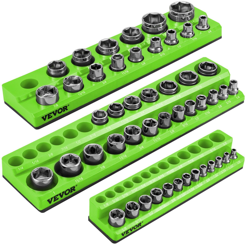 3-Pack SAE Magnetic Socket Organizers, 1/2-inch, 3/8-inch, 1/4-inch Drive Socket Holders Hold 68 Sockets, Green Tool Box Organizer for Sockets Storage