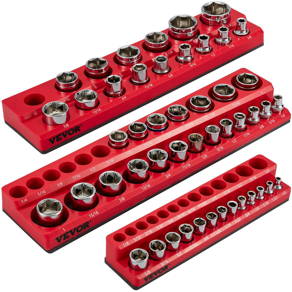 3-Pack SAE Magnetic Socket Organizers, 1/2-inch, 3/8-inch, 1/4-inch Drive Socket Holders Hold 68 Sockets, Red Tool Box Organizer for Sockets Storage
