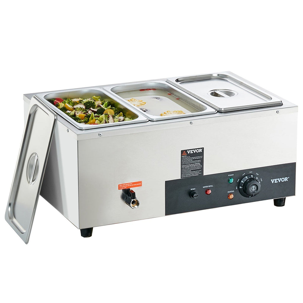 3-Pan Commercial Food Warmer, 3 x 8QT Electric Steam Table, 1500W Professional Countertop Stainless Steel Buffet Bain Marie with 86-185°F Temp Control for Catering and Restaurants, Silver